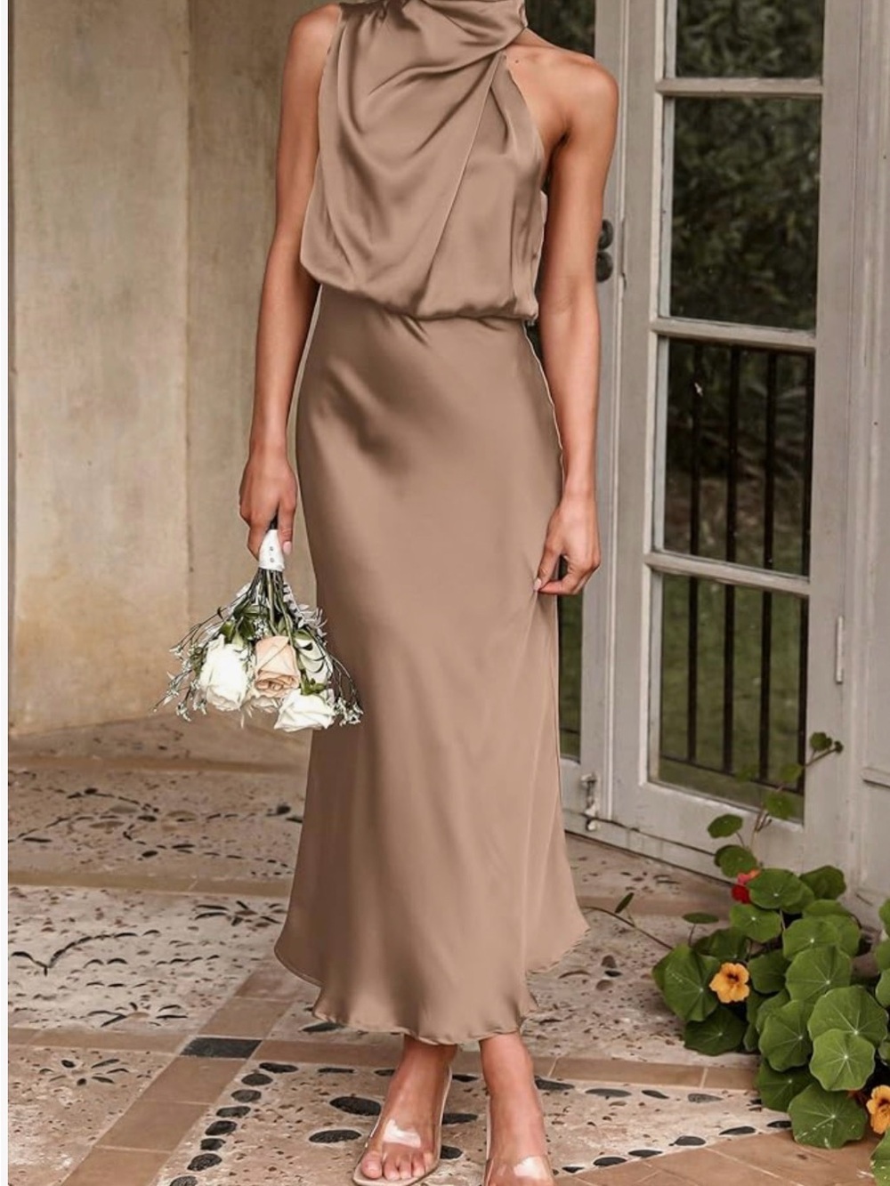 Satin Halter Neck Maxi Dress in Taupe